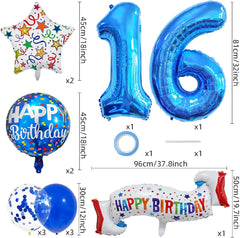Happy 16th Birthday Balloon Colorful Banner Balloons Set 16th Year Old Birthday Blue Theme 16 Balloon Number 16 Foil Mylar Balloons Kids 16 Party Balloons Confetti Latex Mylar Balloons Party Supplies