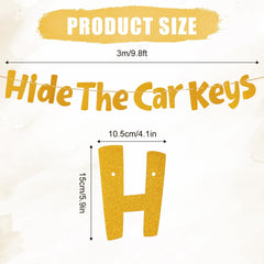 Hide The Car Keys Banner, Glitter Gold Pre-Strung 16th Birthday Banner Funny 15th & 16th Birthday Party Supplies for Boys Girls Photo Background Gifts