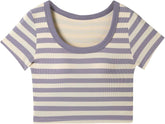 Girls Striped T Shirts Kids Short Sleeve Slim Fitted Knit Tops 2025 Summer Trendy Comfy Crew Neck Tees
