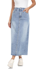 MISS MOLY Women's Jean Skirt Stretch High Waisted Frayed Raw Hem A Line Denim Midi Skirt with Pockets