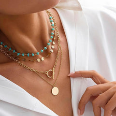 Country Style Layered Necklace for Women Boho Turquoise Beaded Coin Choker Jewelry