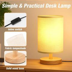 Desk Lamp LED Bulb Included, Small Bedside Table Lamp Plug-in - Classic Wood Base with Flaxen Fabric Shade, Lamps for Night Stands, Simple Nightstand Light for Bedroom, Office, Desk