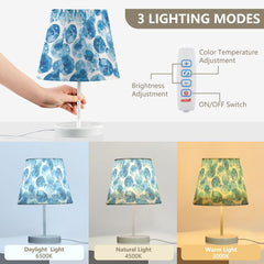 Blue Watercolor Retro Bedside Table Lamp for Bedroom Nightstand Lamp Small with Fabric Shade LED 3 Way Dimmable USB Ports for Living Room Desk