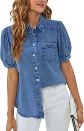 BMJL Womens Denim Shirt Business Casual Button Down Work Blouses Puff Sleeve Summer Tops