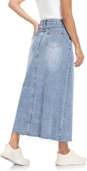 MISS MOLY Women's Jean Skirt Stretch High Waisted Frayed Raw Hem A Line Denim Midi Skirt with Pockets