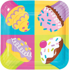 Fun Express Pastel Cupcake Party Square Paper Dinner Plates - Cupcake Themed Disposable Party Dessert Plates - 8 Pieces