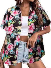 MYHALF Women Hawaiian Shirt Soft Cool Summer Hawaii Shirts Floral Tropic Print V Neck T-Shirt Short Sleeve Button Up Tops