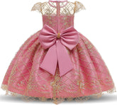 NNJXD Girl Flower Printed Cotton Elegant Tulle Bow Belt Princess Dress