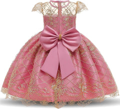 NNJXD Girl Flower Printed Cotton Elegant Tulle Bow Belt Princess Dress