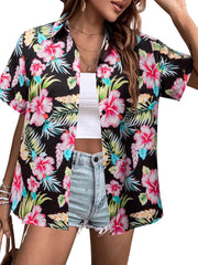 MYHALF Women Hawaiian Shirt Soft Cool Summer Hawaii Shirts Floral Tropic Print V Neck T-Shirt Short Sleeve Button Up Tops