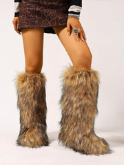 yamerbo Women's Faux Fur Boot Fuzzy Fluffy Round Toe Plush Winter Knee-High Boots Comfy Warm Tall Snow Boots for Outdoor Indoor Flat Shoes
