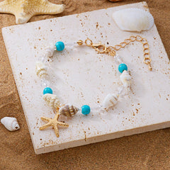 1PC Starfish Conch Shell Beaded Bracelet, Adjustable Ocean Charm Hand Chain, Bohemian Beach Seed Bead Jewelry, Natural Ocean Theme Wrist Accessory, Stylish Coastal Inspired Bracelet (Blue&Gold)