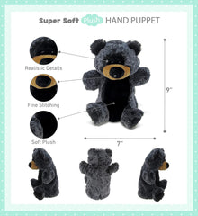 DolliBu Black Bear Stuffed Animal Hand Puppet - Super Soft Wildlife Animal Plush Toys for Kids and Adults, Cute Black Stuffed Bear Hand Toy Plush for Puppet Shows, Storytelling, or Educational Play