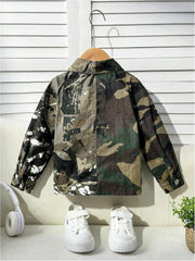 WDIRARA Boy's Camo Print Button Front Denim Jacket Casual Long Sleeve Outerwear Coat