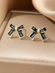1 Pair Gold Toned Earrings, Black Bow Shaped Stud, Chic and Trendy Jewelry Earrings for Women, Suitable for Daily and Formal Wear, Stylish Accessory Earring, Style2