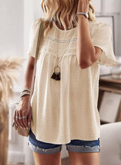 Womens Summer Tops Crewneck Short Sleeve Shirts Casual Chiffon Blouses Flowy Lace Hem Boho Clothing Trendy 2025