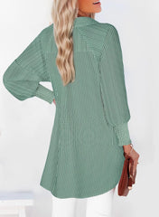 Womens Smocked Cuffed Striped Boyfriend Shirt Casual Collar Long Sleeve Oversized Button Down Blouse Tops with Pocket Shirred