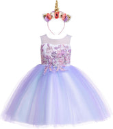 Weileenice Flower Girl Tulle Dress with Headband 3D Embroidery Rainbow Kids Pageant Birthday Wedding Party Dresses