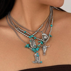 Cow Jewelry Necklace Western Turquoise Piece with Boots and Hat Charms