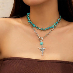 Layered Turquoise Cow Necklace Western Country Boho Jewelry for Women