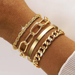Chunky Gold Cuff Bracelet Stack Silver Chain Bangles Layered Cuban Link Jewelry
