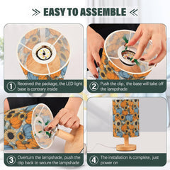 Cartoon Pumpkins Sunflower Bedside Table Lamp Small Desk Lamps Linen Fabric Shade Decorative Nightstand Lamp LED with USB Port Wood Base for Bedroom Living Room