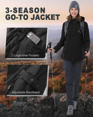 Outdoor Ventures Women's Softshell Jacket with Removable Hood, Insulated Windbreaker Waterproof Warm Fleece Lined Coat