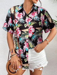 MYHALF Women Hawaiian Shirt Soft Cool Summer Hawaii Shirts Floral Tropic Print V Neck T-Shirt Short Sleeve Button Up Tops