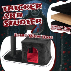 Gothic Cat Tree, Halloween Black Goth Cat Tower with Bat Toy & Playful Hole, Indoor Spooky Cat Trees Stand Climber Pole with Hanging Spiders Bats for Kitten, Black Red, Small