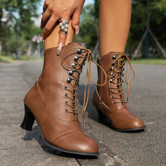 Victorian Boots for Women 70s Vintage Lace Up Mid Calf Boots Halloween Almond Toe Comfortable Chunky Block Heels Womens Dressy Fall Winter Cone Low Heel Cosplay Witch Booties Costume Shoes