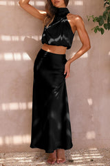 PRETTYGARDEN Women's 2 Piece Satin Outfits Summer Sleeveless Mock Neck Crop Tops and Long Skirt Dress Sets