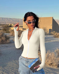 OQQ Womens 2 Piece Long Sleeve Tops Stand Neck Front Zipped Stretch Fitted Underscrubs Tee Shirts Tops