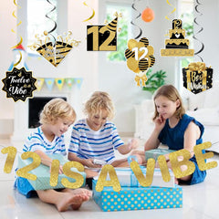 12 is a Vibe Banner Gold Glitter with Hanging Swirls, 12th Birthday Decorations for Girls Boys, 12 Year Old Girl Boy Birthday Decorations for Party Supplies Ideas Gifts