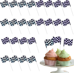 24Pcs Checkered Flag Cupcake Toppers,Glitter Race Car Cake Decorations, Black and White Racing Flags Cupcake Picks for Car Theme Party Supplies Baby Shower Kids Boys Birthday Party Supplies