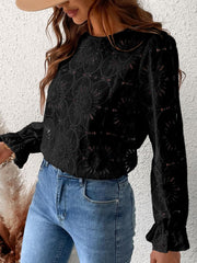 CUPSHE Women Eyelet Long Sleeve Tops Shirts Dressy Hollow Out Crochet Lace Embroidered Blouses 2025 Fashion