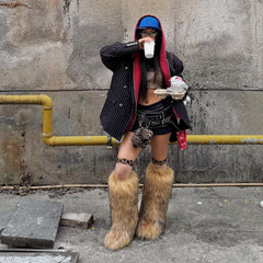 yamerbo Women's Faux Fur Boot Fuzzy Fluffy Round Toe Plush Winter Knee-High Boots Comfy Warm Tall Snow Boots for Outdoor Indoor Flat Shoes