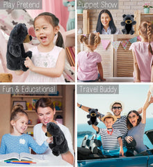 DolliBu Black Bear Stuffed Animal Hand Puppet - Super Soft Wildlife Animal Plush Toys for Kids and Adults, Cute Black Stuffed Bear Hand Toy Plush for Puppet Shows, Storytelling, or Educational Play