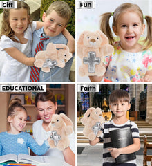DolliBu Rabbit Hand Puppet Stuffed Animal with Silver Cross and Personalization - Religious Baptism Gifts for Boys and Girls, Dedication Christening Gifts Plush Prayer Toy Healing Teddy Bear - 9 Inch