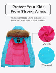 wantdo Girls' Winter Coat Warm Waterproof Puffer Jacket with Removable Faux Fur Hood