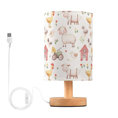 Bedside Table Lamp Farm Animals Sheep Cow Small Desk Lamps Linen Fabric Shade Decorative Nightstand Lamp LED with USB Port Wood Base for Bedroom Living Room
