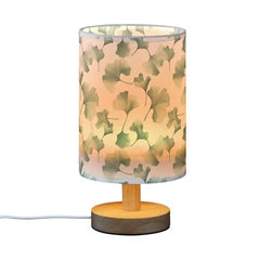 Sage Green Ginkgo Leaves Bedside Table Lamp Small Desk Lamps Linen Fabric Shade Decorative Nightstand Lamp LED with USB Port Wood Base for Bedroom Living Room
