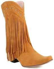 Fringe Cowboy Boots for Women Mid Calf Western Boots Embroidery Cowgirl Pull-On Pointy Toe & Wide - Neutral Causal Comfortable Walking Lightweight Running Standing All Day Trending Fashion Plus Size