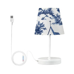 Bedside Table Lamp for Bedroom Blue Toile De Nightstand Lamp Small with Fabric Shade LED 3 Way Dimmable USB Ports for Living Room Desk