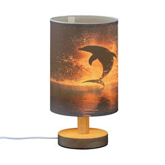 Bedside Table Lamp Ocean Dolphin Silhouette Small Desk Lamps Linen Fabric Shade Decorative Nightstand Lamp LED with USB Port Wood Base for Bedroom Living Room