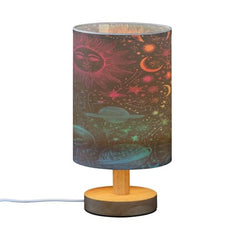 Psychedelic Celestial Sun Moon Bedside Table Lamp Small Desk Lamps Linen Fabric Shade Decorative Nightstand Lamp LED with USB Port Wood Base for Bedroom Living Room