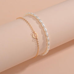 2PCS Gold Heart Rice Bead Anklet, Dainty Elastic Foot Chain, Adjustable Stretch Ankle Bracelet, Minimalist Delicate Jewelry Set (Golden)