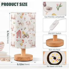 Bedside Table Lamp Farm Animals Sheep Cow Small Desk Lamps Linen Fabric Shade Decorative Nightstand Lamp LED with USB Port Wood Base for Bedroom Living Room