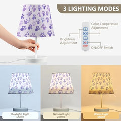 Table Lamps 3 Ways Dimmable Lilac Colored Paw with Fabric Lampshade USB Ports Wood Base LED Bulb Nice for Bedroom and Living Room
