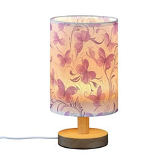 Bedside Table Lamp Flower Purple Butterfly Desk Lamp Linen Fabric Shade Decorative Nightstand Lamp LED with USB Port Wood Base for Bedroom Living Room