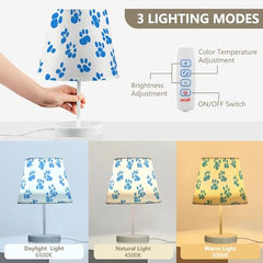 Table Lamps 3 Ways Dimmable Cute White Blue Paw with Fabric Lampshade USB Ports Wood Base LED Bulb for Bedroom and Living Room